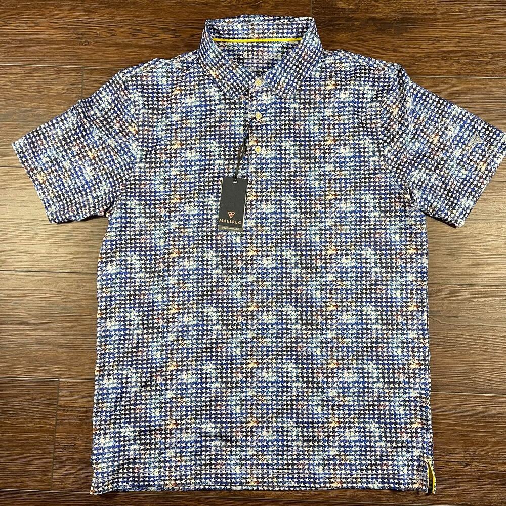 MAELREG Performance Polo Shirt Men's L Blue Multicolor Houndstooth Short Sleeve